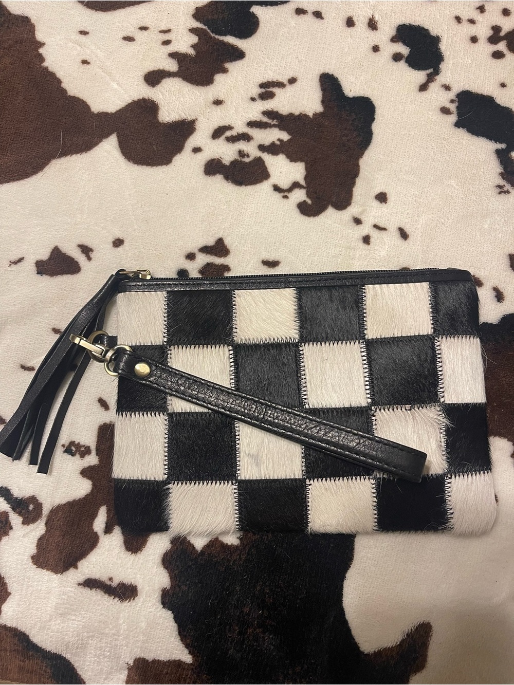 Black & White Cowhide Checker Wristlet Clutch Lippy - Women Bags